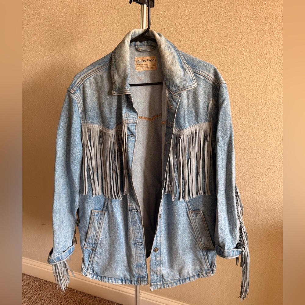 We The Free Light Blue Fringe Jean Jacket. Size small.